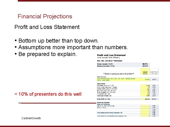 Financial Projections Profit and Loss Statement • Bottom up better than top down. •