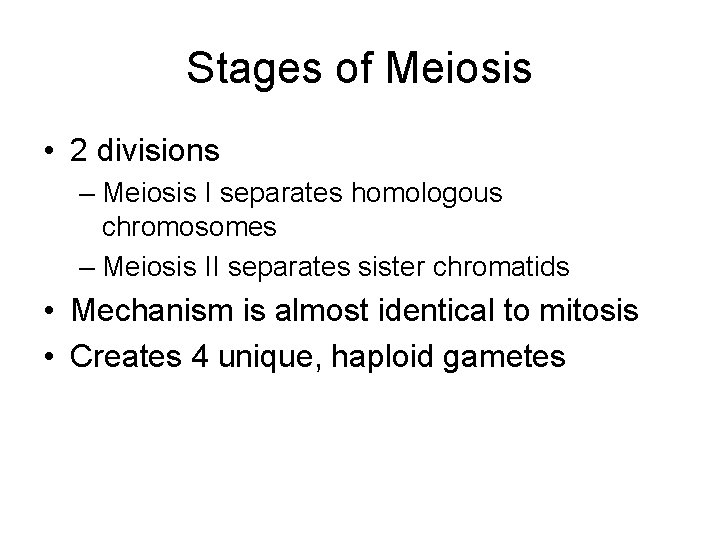 Stages of Meiosis • 2 divisions – Meiosis I separates homologous chromosomes – Meiosis