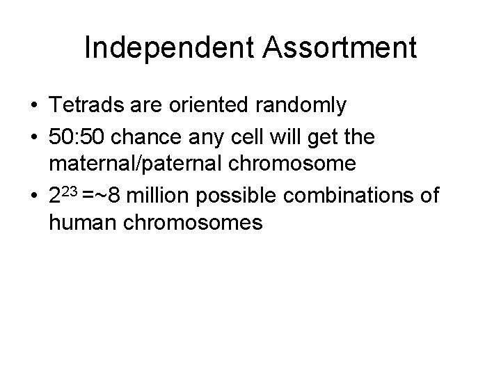 Independent Assortment • Tetrads are oriented randomly • 50: 50 chance any cell will