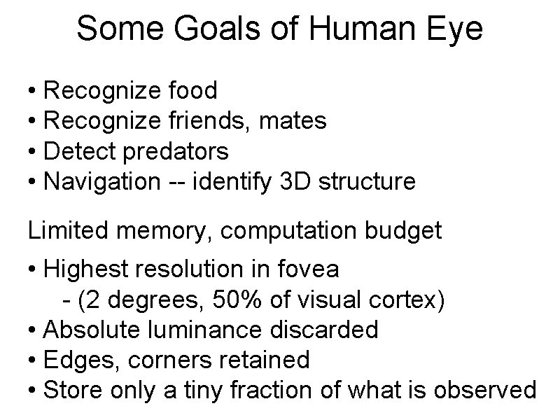 Some Goals of Human Eye • Recognize food • Recognize friends, mates • Detect