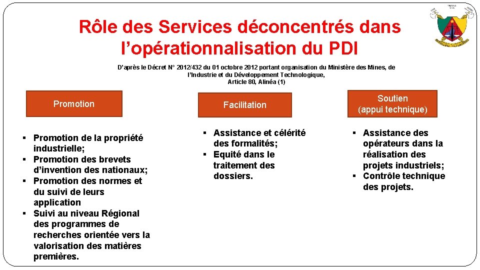 Rôle des Services déconcentrés dans l’opérationnalisation du PDI D’après le Décret N° 2012/432 du