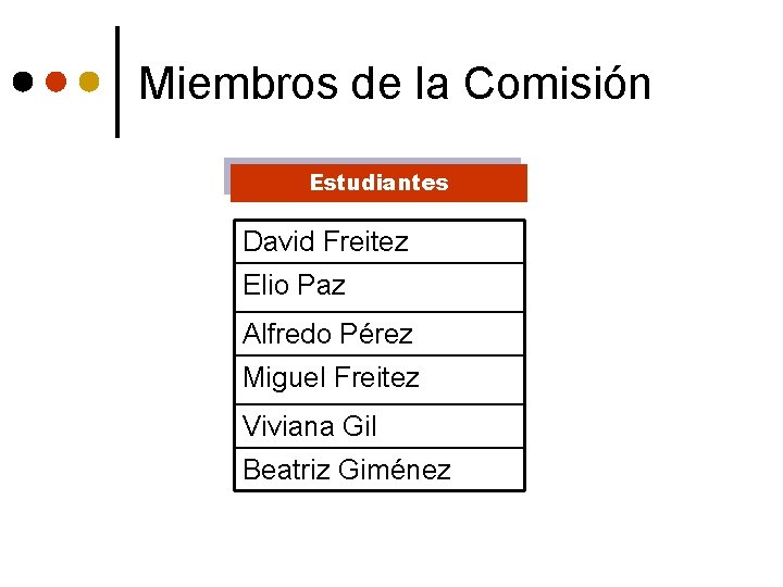 Miembros de la Comisión Estudiantes David Freitez Elio Paz Alfredo Pérez Miguel Freitez Viviana