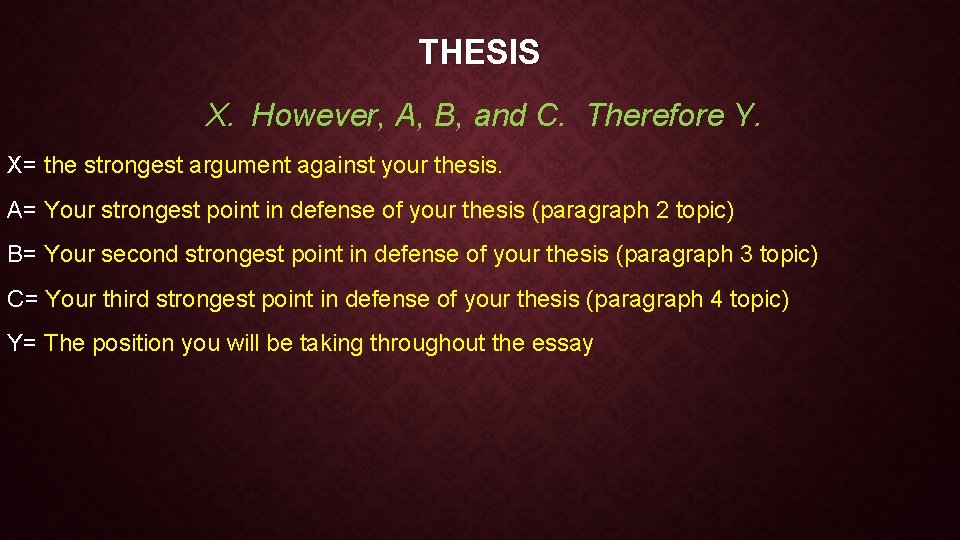 THESIS X. However, A, B, and C. Therefore Y. X= the strongest argument against