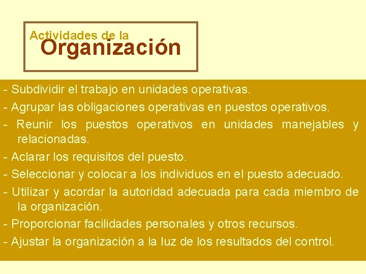 Actividades de la Organización - Subdividir el trabajo en unidades operativas. - Agrupar las