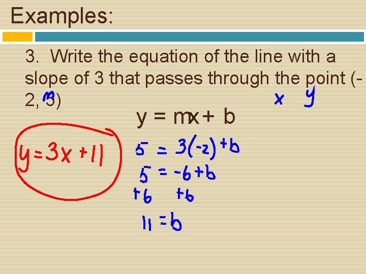 Examples: 3. Write the equation of the line with a slope of 3 that