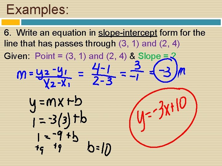 Examples: 6. Write an equation in slope-intercept form for the line that has passes