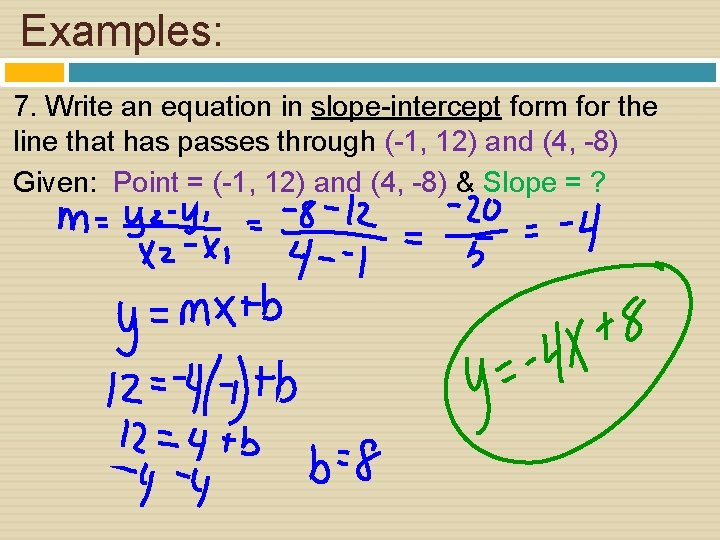 Examples: 7. Write an equation in slope-intercept form for the line that has passes