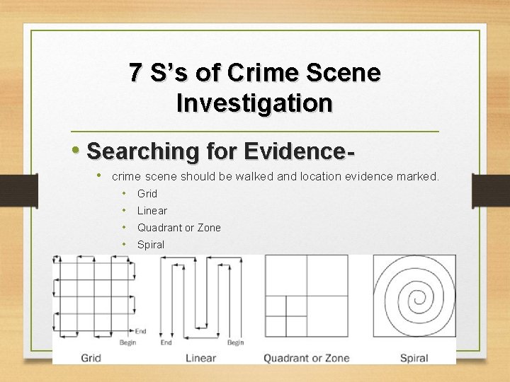 7 S’s of Crime Scene Investigation • Searching for Evidence • crime scene should
