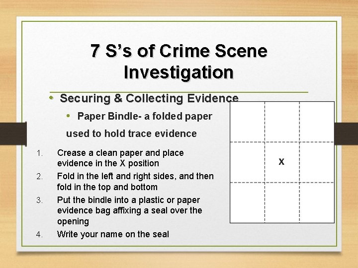 7 S’s of Crime Scene Investigation • Securing & Collecting Evidence • Paper Bindle-