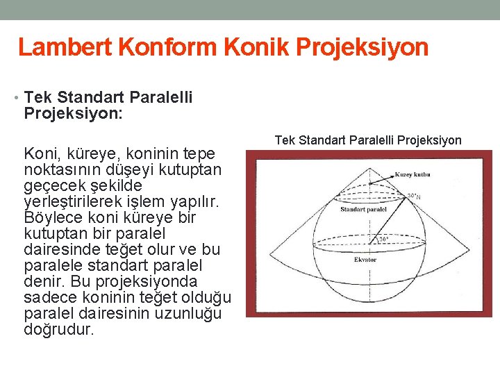 Lambert Konform Konik Projeksiyon • Tek Standart Paralelli Projeksiyon: Koni, küreye, koninin tepe noktasının