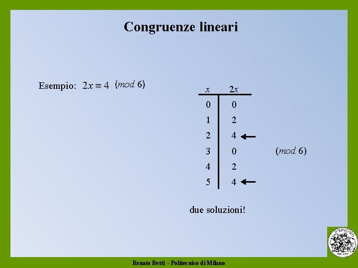 Congruenze lineari Esempio: (mod 6) x 2 x 0 0 1 2 2 4