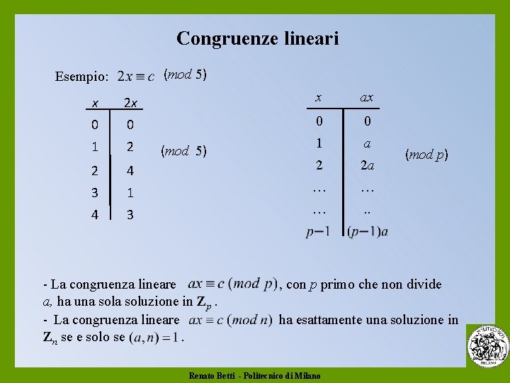 Congruenze lineari (mod 5) Esempio: x 2 x x ax 0 0 1 2