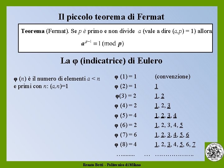 Il piccolo teorema di Fermat Teorema (Fermat). Se p è primo e non divide