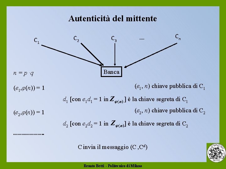 Autenticità del mittente C 1 n = p ·q C 2 C 3 ….