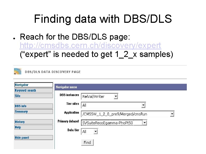 Finding data with DBS/DLS ● Reach for the DBS/DLS page: http: //cmsdbs. cern. ch/discovery/expert Finding data with DBS/DLS ● Reach for the DBS/DLS page: http: //cmsdbs. cern. ch/discovery/expert