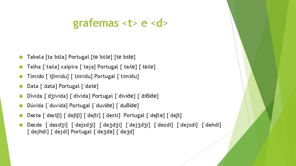 grafemas <t> e <d> Tabela [taˈbɛla] Portugal [tɐˈbɛlɐ] [tɐˈbɛłɐ] Telha [ˈteʎa] caipira [ˈteja] Portugal
