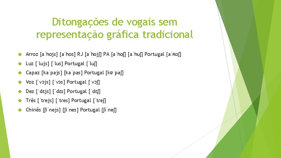 Ditongações de vogais sem representação gráfica tradicional Arroz [aˈhojs] [aˈhos] RJ [aˈhojʃ] PA [aˈhoʃ]