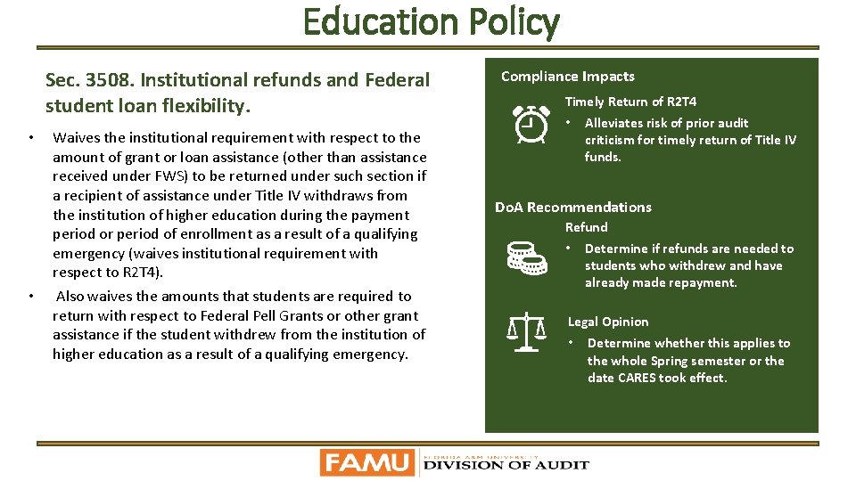 Education Policy Sec. 3508. Institutional refunds and Federal student loan flexibility. • • Waives