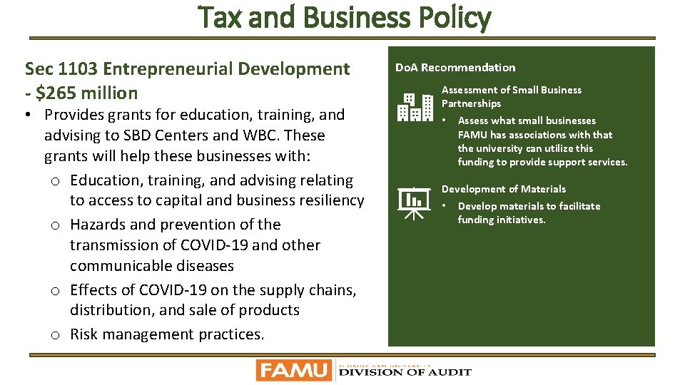 Tax and Business Policy Sec 1103 Entrepreneurial Development - $265 million • Provides grants
