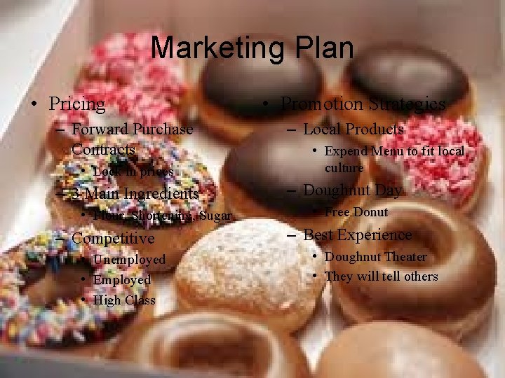 Marketing Plan • Pricing – Forward Purchase Contracts • Lock in prices – 3