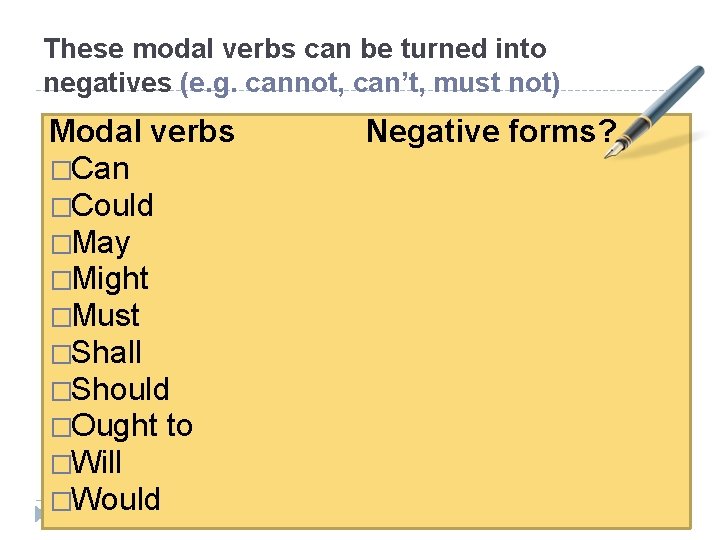 These modal verbs can be turned into negatives (e. g. cannot, can’t, must not)