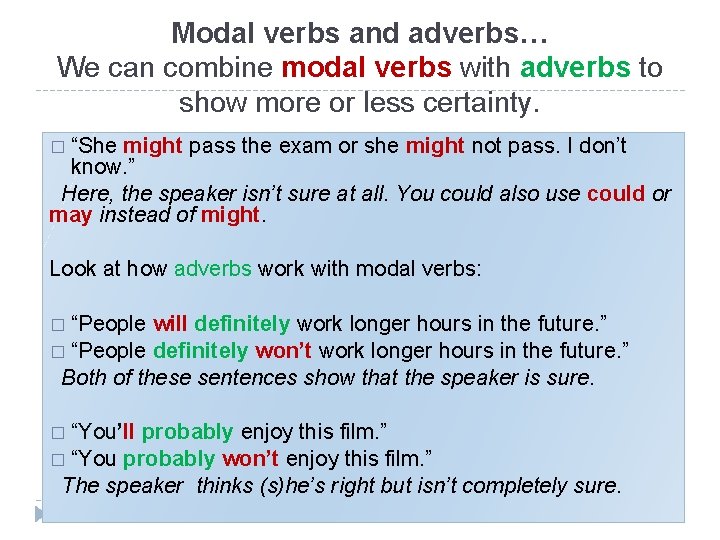 Modal verbs and adverbs… We can combine modal verbs with adverbs to show more