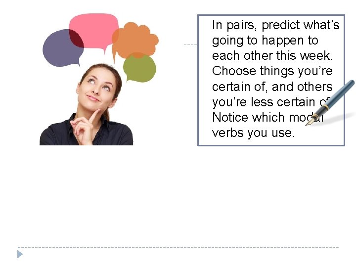 In pairs, predict what’s going to happen to each other this week. Choose things