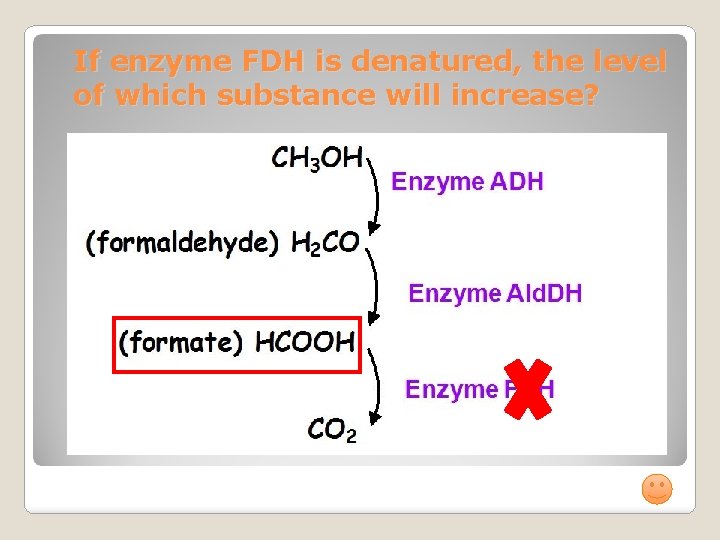 If enzyme FDH is denatured, the level of which substance will increase? 