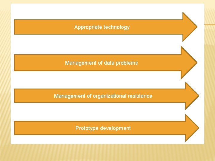 Appropriate technology Management of data problems Management of organizational resistance Prototype development 