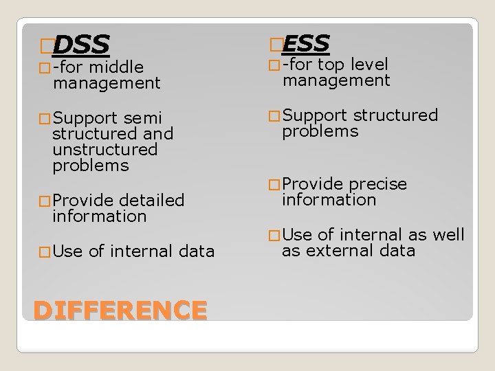 �DSS �ESS � Support � -for middle management semi structured and unstructured problems �