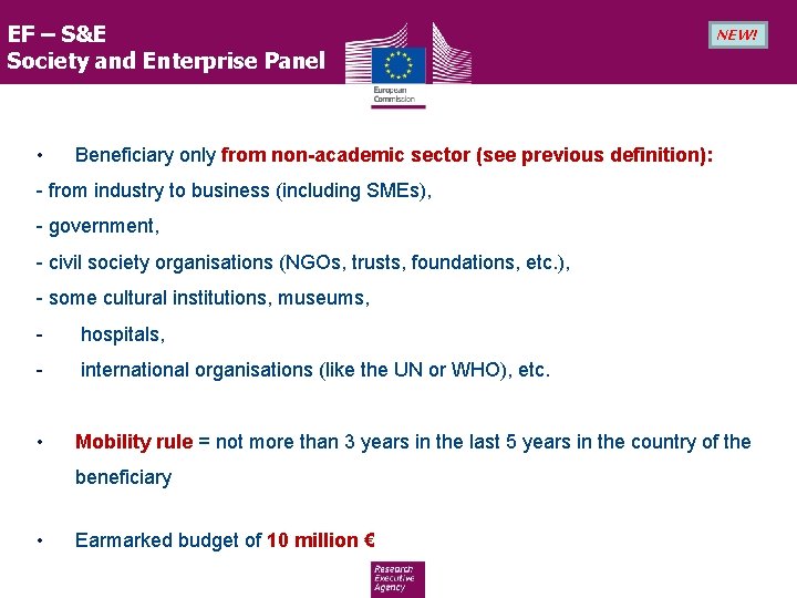 EF – S&E Society and Enterprise Panel • NEW! Beneficiary only from non-academic sector