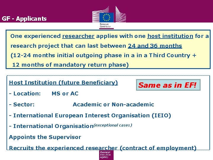 GF - Applicants One experienced researcher applies with one host institution for a research