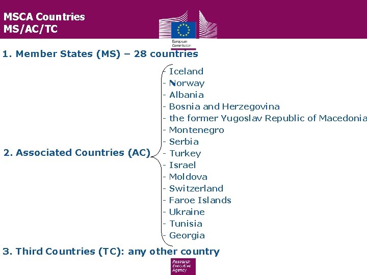 MSCA Countries MS/AC/TC 1. Member States (MS) – 28 countries 2. Associated Countries (AC)