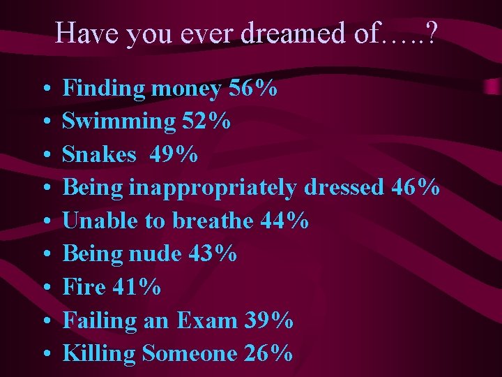 Have you ever dreamed of…. . ? • • • Finding money 56% Swimming Have you ever dreamed of…. . ? • • • Finding money 56% Swimming