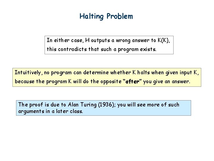 Halting Problem In either case, H outputs a wrong answer to K(K), this contradicts