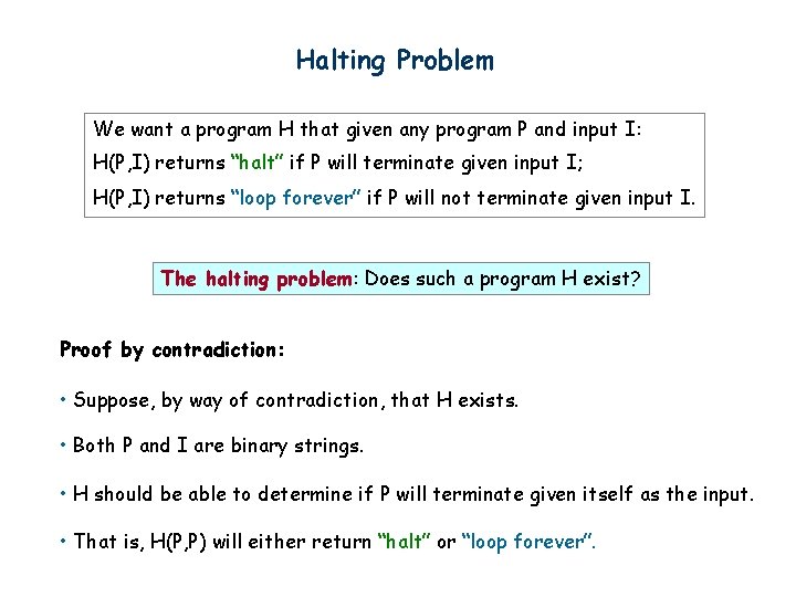 Halting Problem We want a program H that given any program P and input