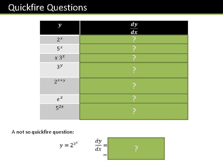 Quickfire Questions ? ? ? ? A not so quickfire question: ? 