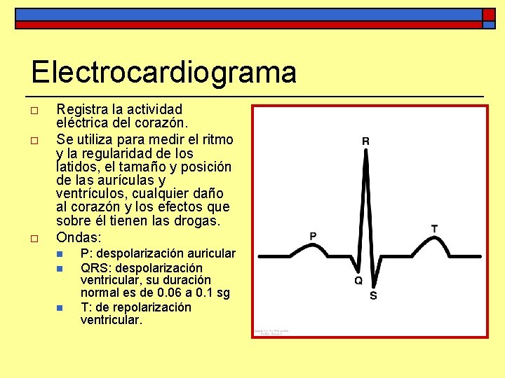 Electrocardiograma o o o Registra la actividad eléctrica del corazón. Se utiliza para medir