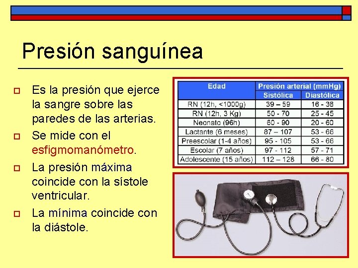 Presión sanguínea o o Es la presión que ejerce la sangre sobre las paredes