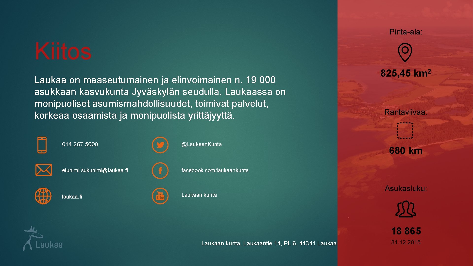 Pinta-ala: Kiitos Laukaa on maaseutumainen ja elinvoimainen n. 19 000 asukkaan kasvukunta Jyväskylän seudulla.