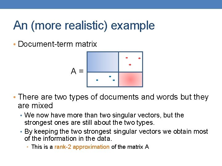 An (more realistic) example • Document-term matrix A= • There are two types of