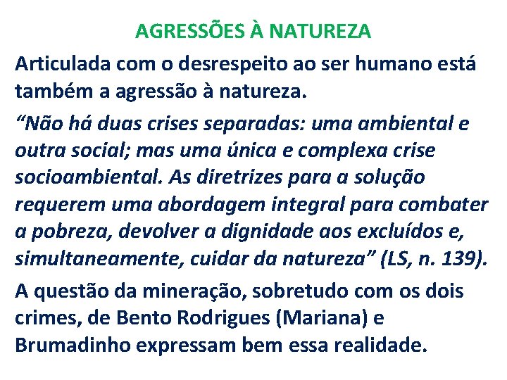 AGRESSÕES À NATUREZA Articulada com o desrespeito ao ser humano está também a agressão