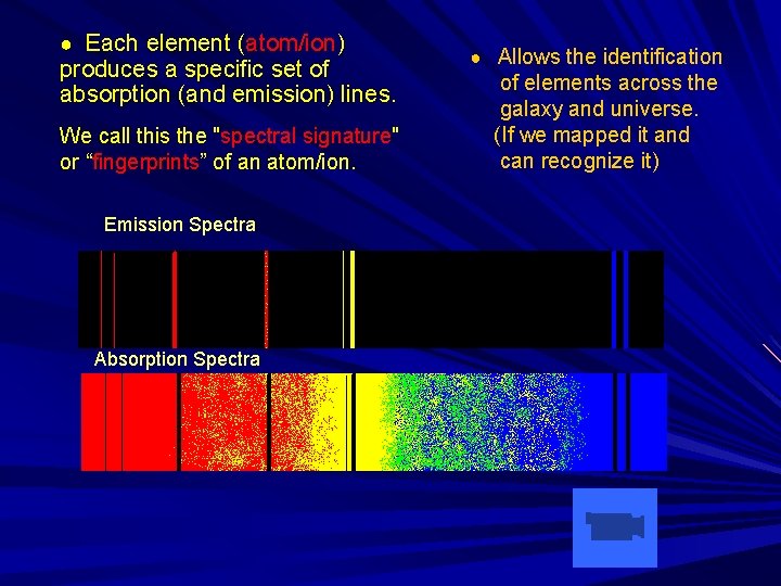 ● Each element (atom/ion) produces a specific set of absorption (and emission) lines. We