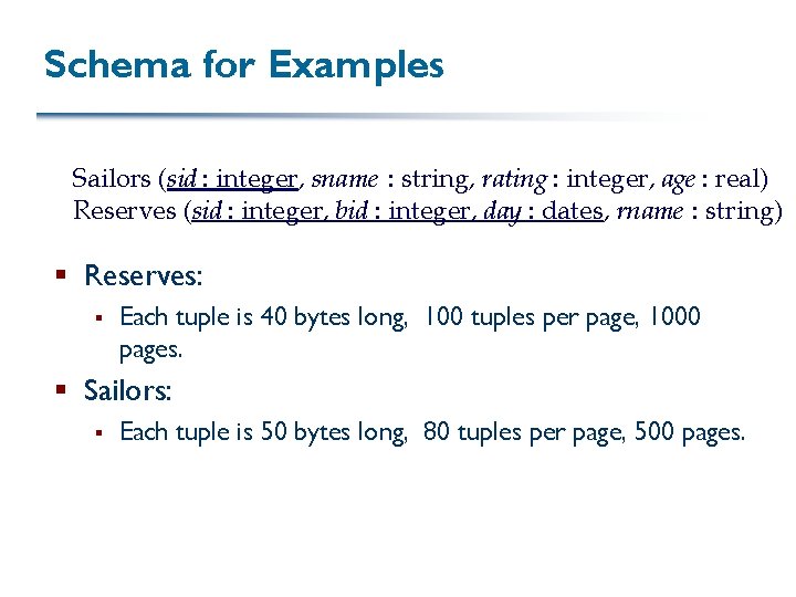 Schema for Examples Sailors (sid : integer, sname : string, rating : integer, age