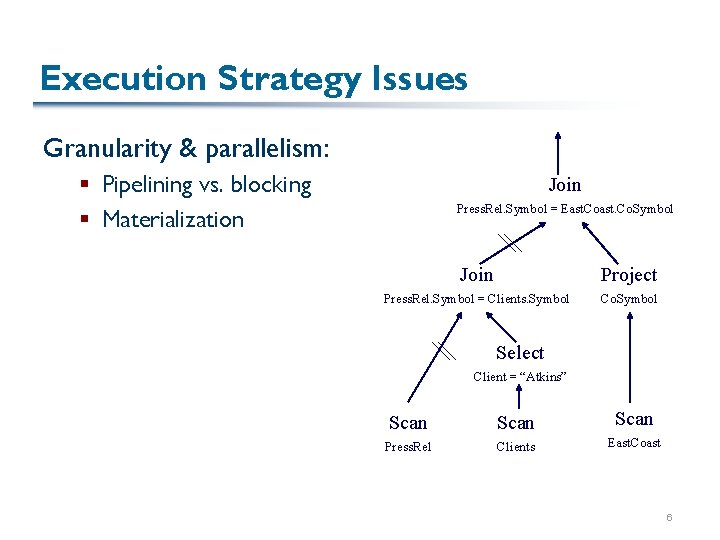 Execution Strategy Issues Granularity & parallelism: § Pipelining vs. blocking § Materialization Join Press.