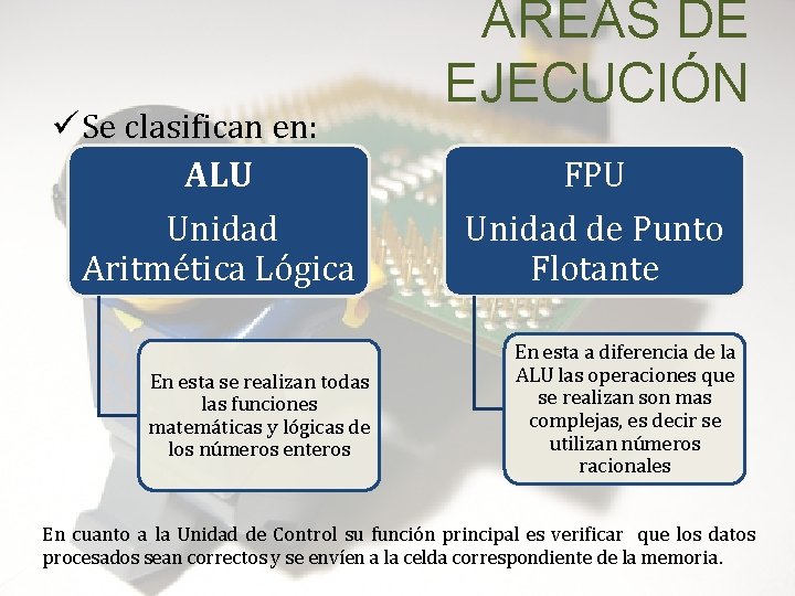 ü Se clasifican en: ALU Unidad Aritmética Lógica En esta se realizan todas las