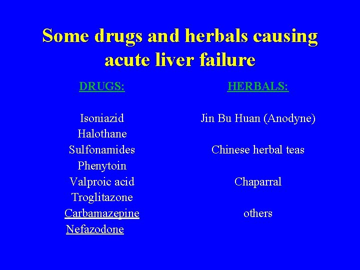 Some drugs and herbals causing acute liver failure DRUGS: HERBALS: Isoniazid Halothane Sulfonamides Phenytoin