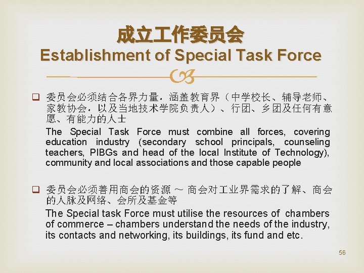 成立 作委员会 Establishment of Special Task Force q 委员会必须结合各界力量，涵盖教育界（中学校长、辅导老师、 家教协会，以及当地技术学院负责人）、行团、乡团及任何有意 愿、有能力的人士 The Special Task