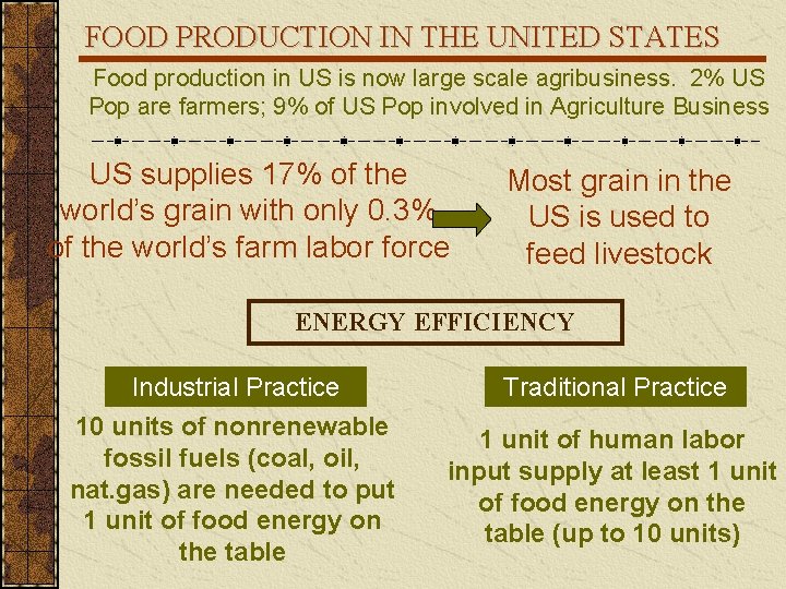 FOOD PRODUCTION IN THE UNITED STATES Food production in US is now large scale