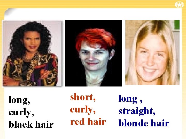 long, curly, black hair short, curly, red hair long , straight, blonde hair 